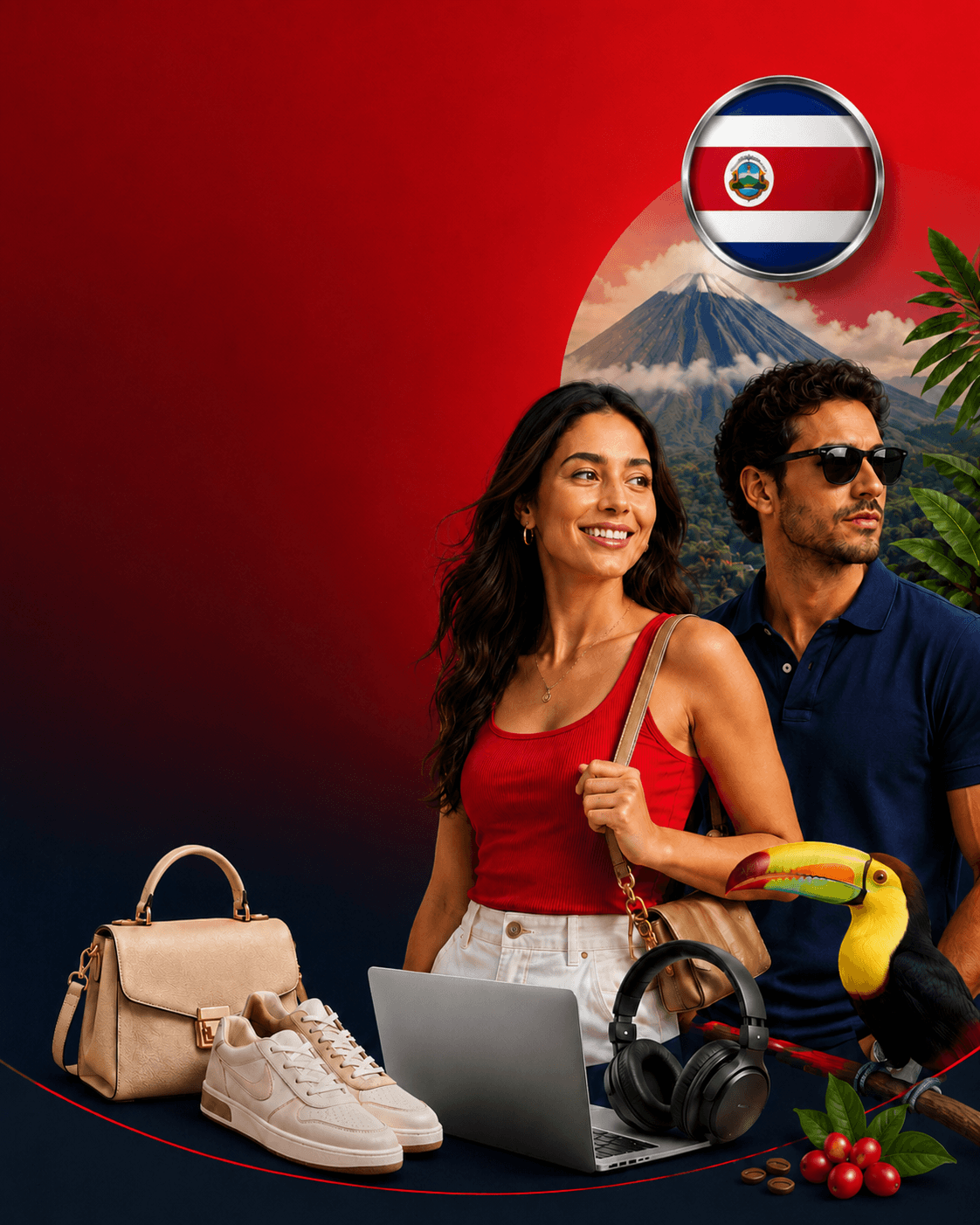 Pareja costarricense con accesorios y electrónica premium